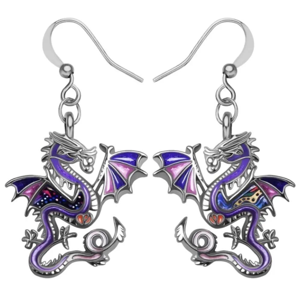 Silver and Multicolor Enamel Mythical Dragon Dangling French Wire Hook Earrings